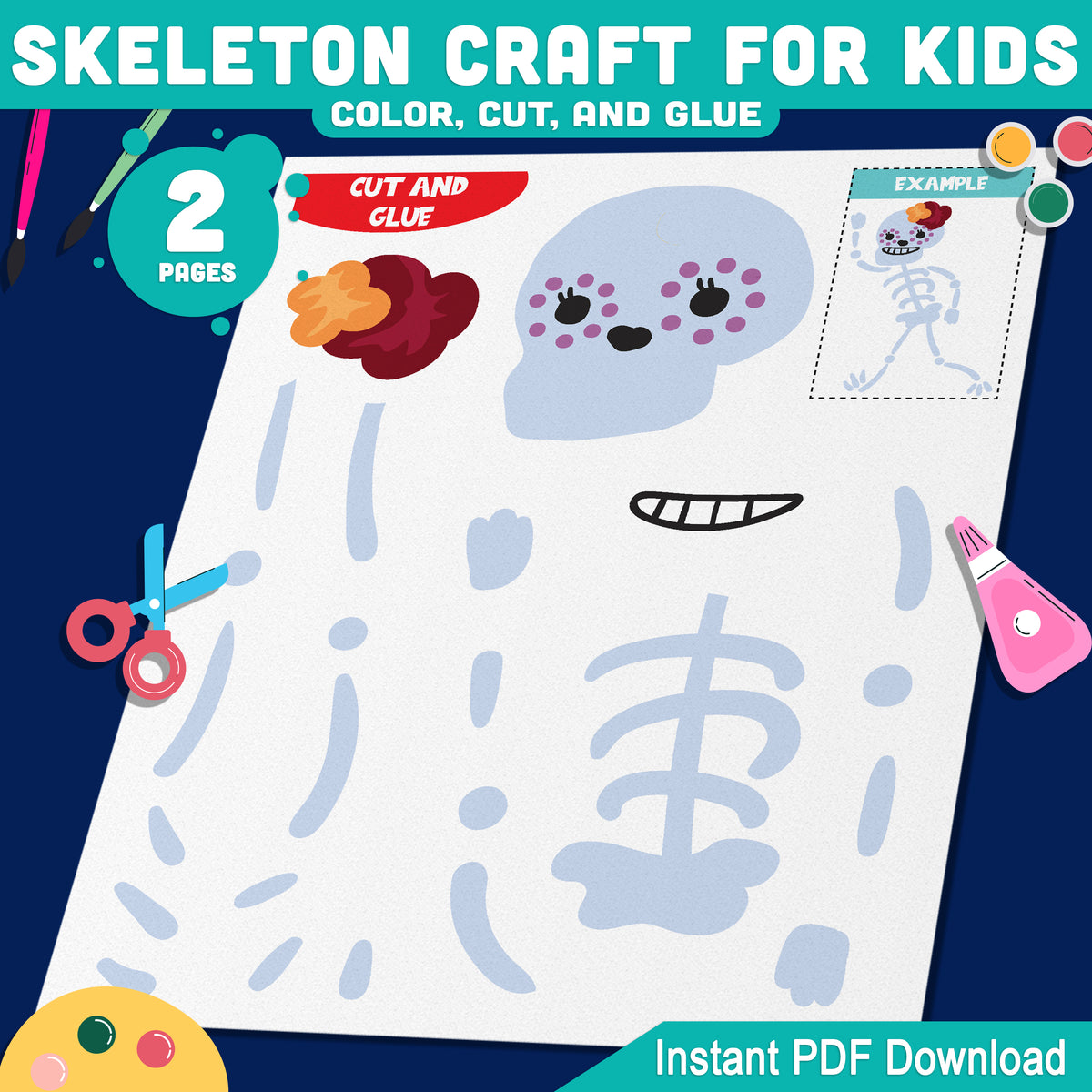 Skeleton Craft for Kids, Build Your Own Paper Skeleton, Halloween Art Project, Printable Cutout Pieces, Letter and A4 PDF