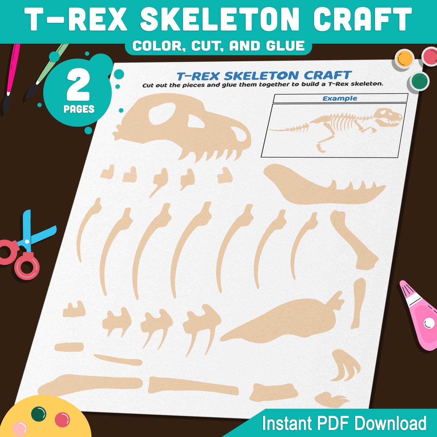 T-Rex (Tyrannosaurus Rex) Skeleton Craft, Dinosaur Color, Cut and Paste Activity, Printable PDF, Pre-Colored, Black and White, US Letter, A4