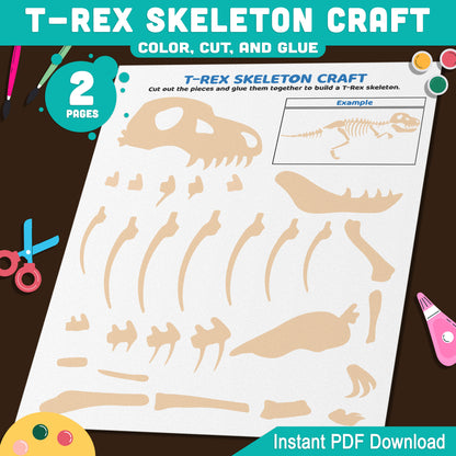 T-Rex (Tyrannosaurus Rex) Skeleton Craft, Dinosaur Color, Cut and Paste Activity, Printable PDF, Pre-Colored, Black and White, US Letter, A4