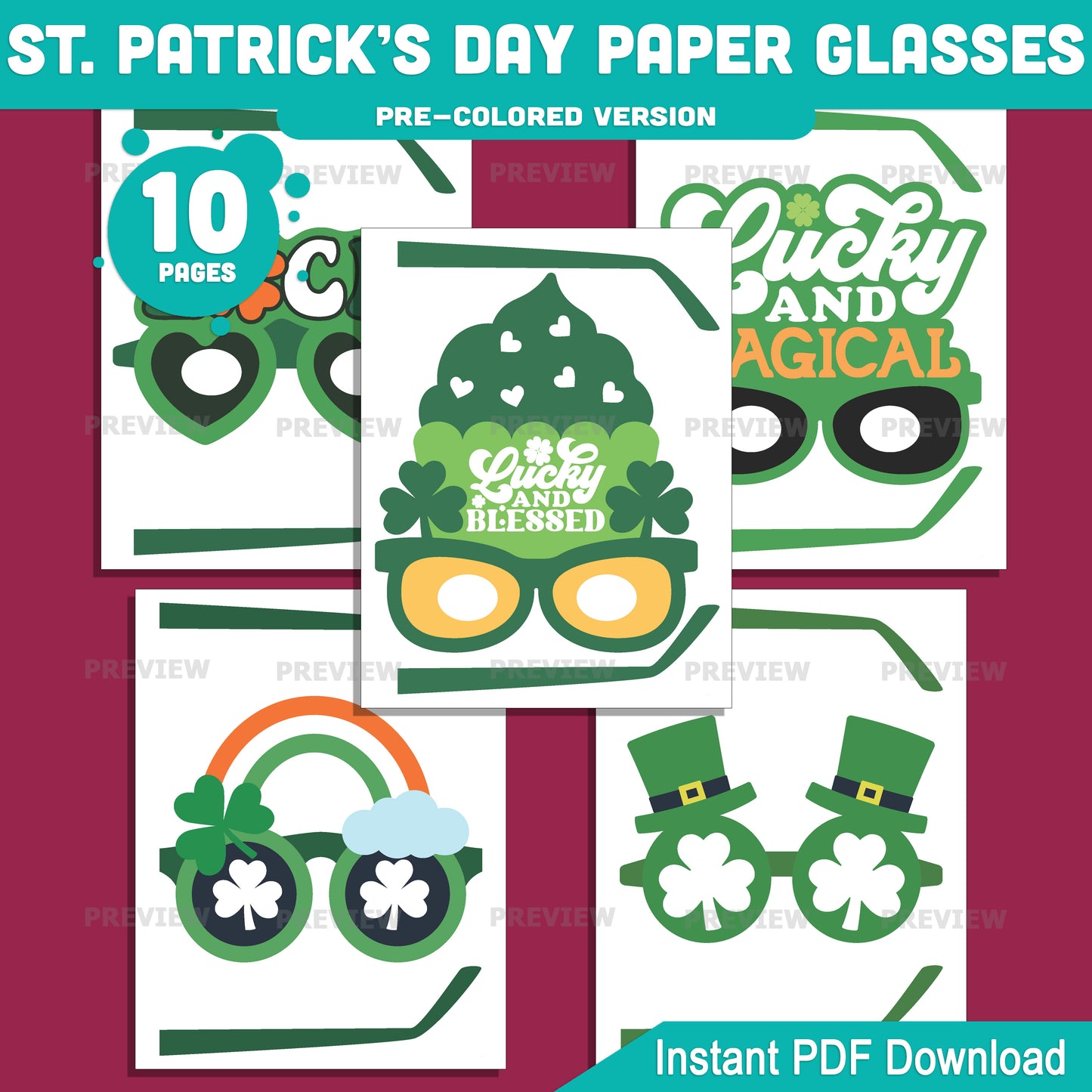 St. Patrick’s Day Glasses Craft Activity for Kids, Shamrock Paper Glasses Printable, 10 Fun Designs, Pre-Colored and Black & White Download