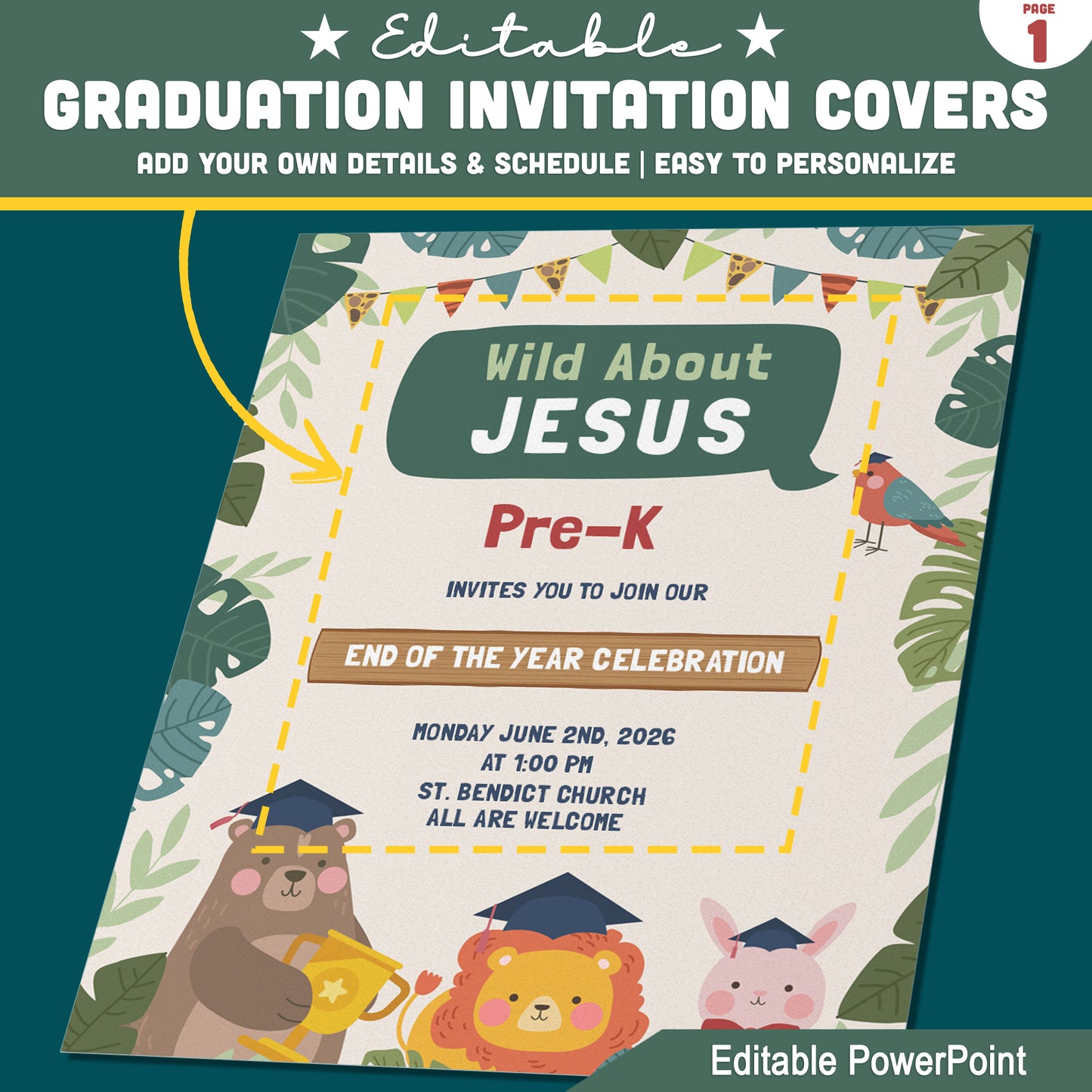 Editable Jungle Graduation Invitation, Printable Safari Theme Invite Set, 4 Page Editable PowerPoint Template, 8.5x11 for Graduation Ceremony Day