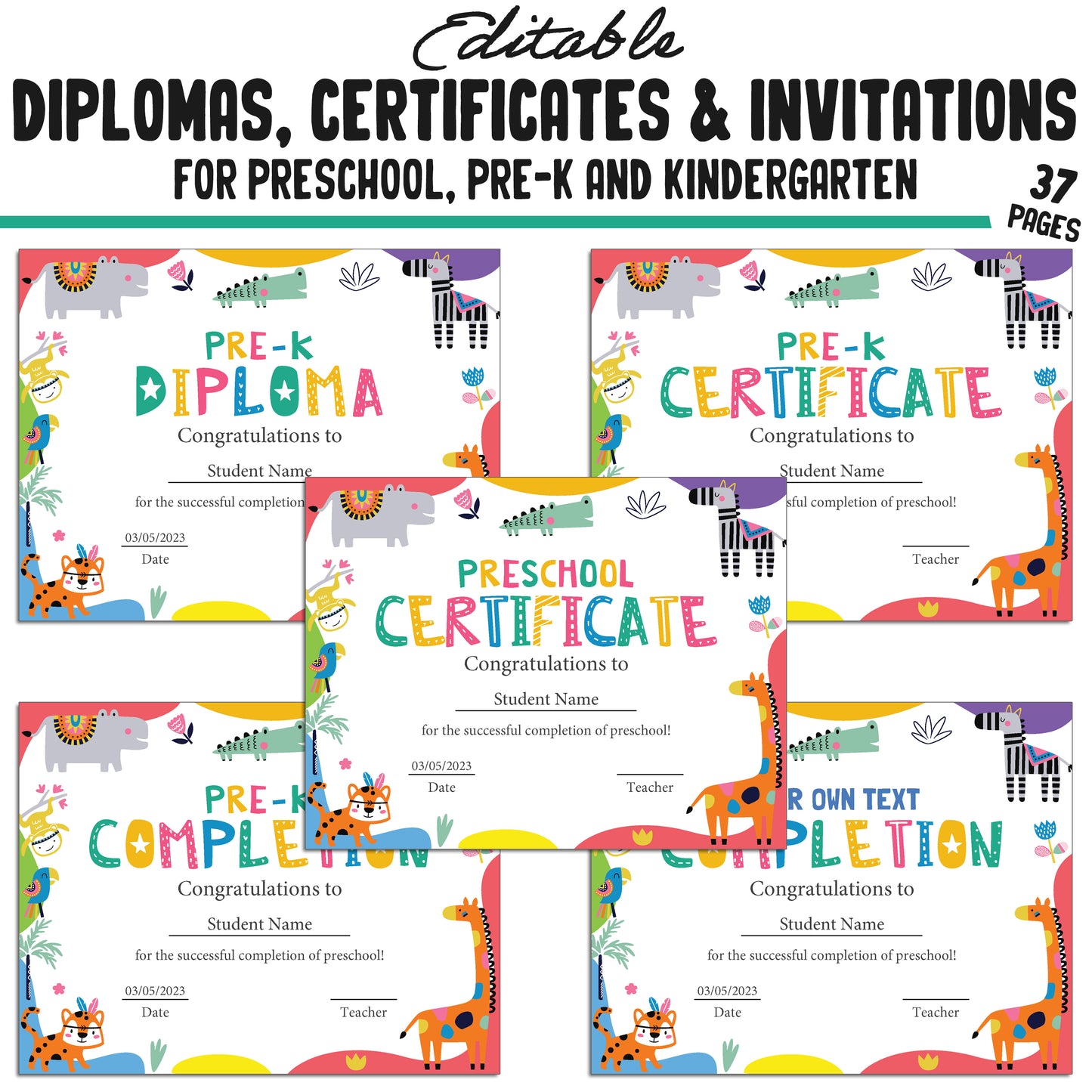 37 Editable Kindergarten, Pre-K, and Preschool Diplomas, Certificates, and Invitations Templates, PDF Files, Instant Download