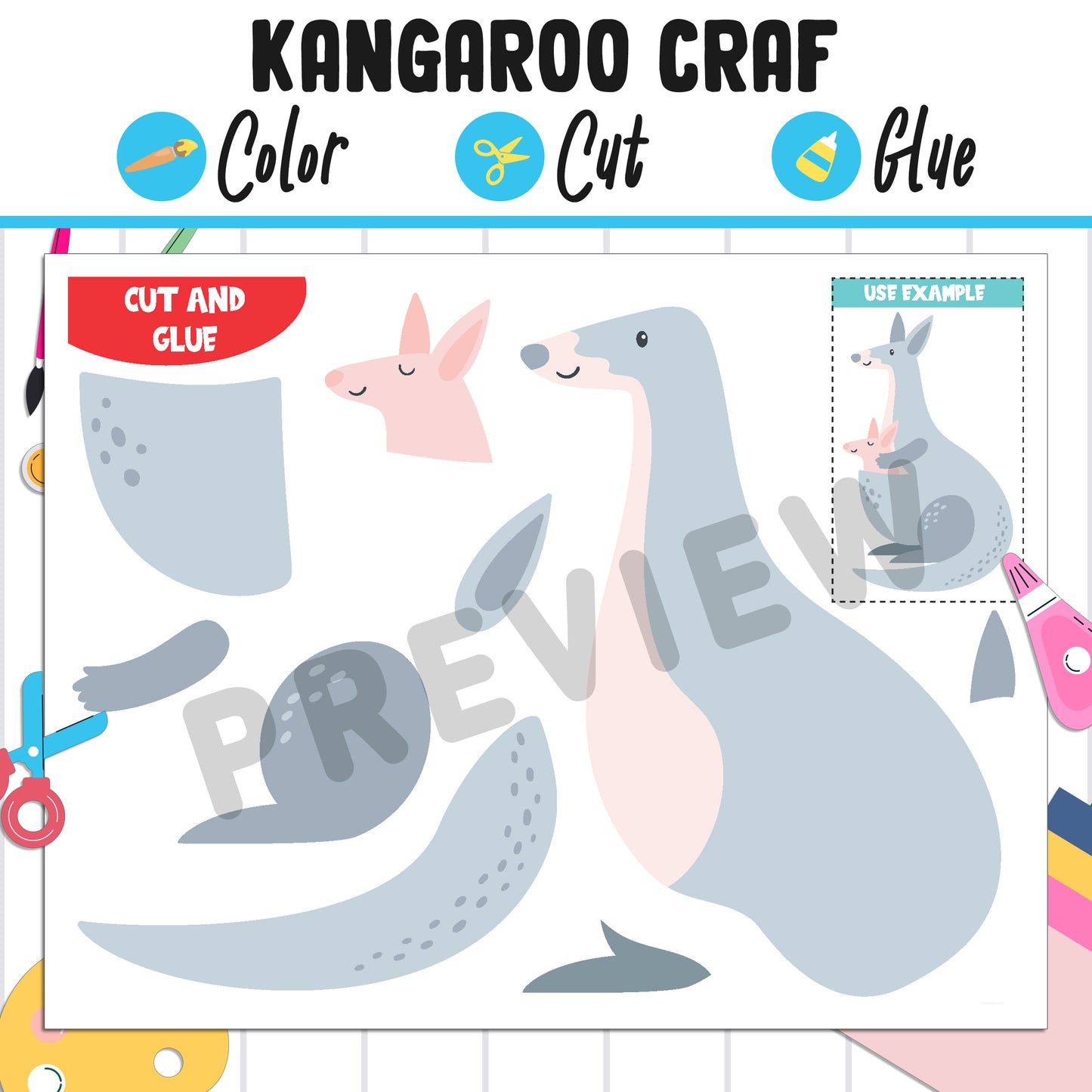 Kangaroo Craft for Kids: Color, Cut, and Glue, a Fun Activity for Pre K to 2nd Grade, PDF Instant Download