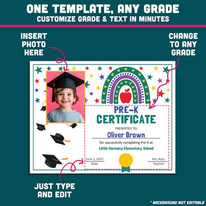 Editable Pre-K Graduation Certificate, Rainbow and Star Theme, Photo and No-Photo Awards, PDF and PowerPoint, Editable for Any Grade Level