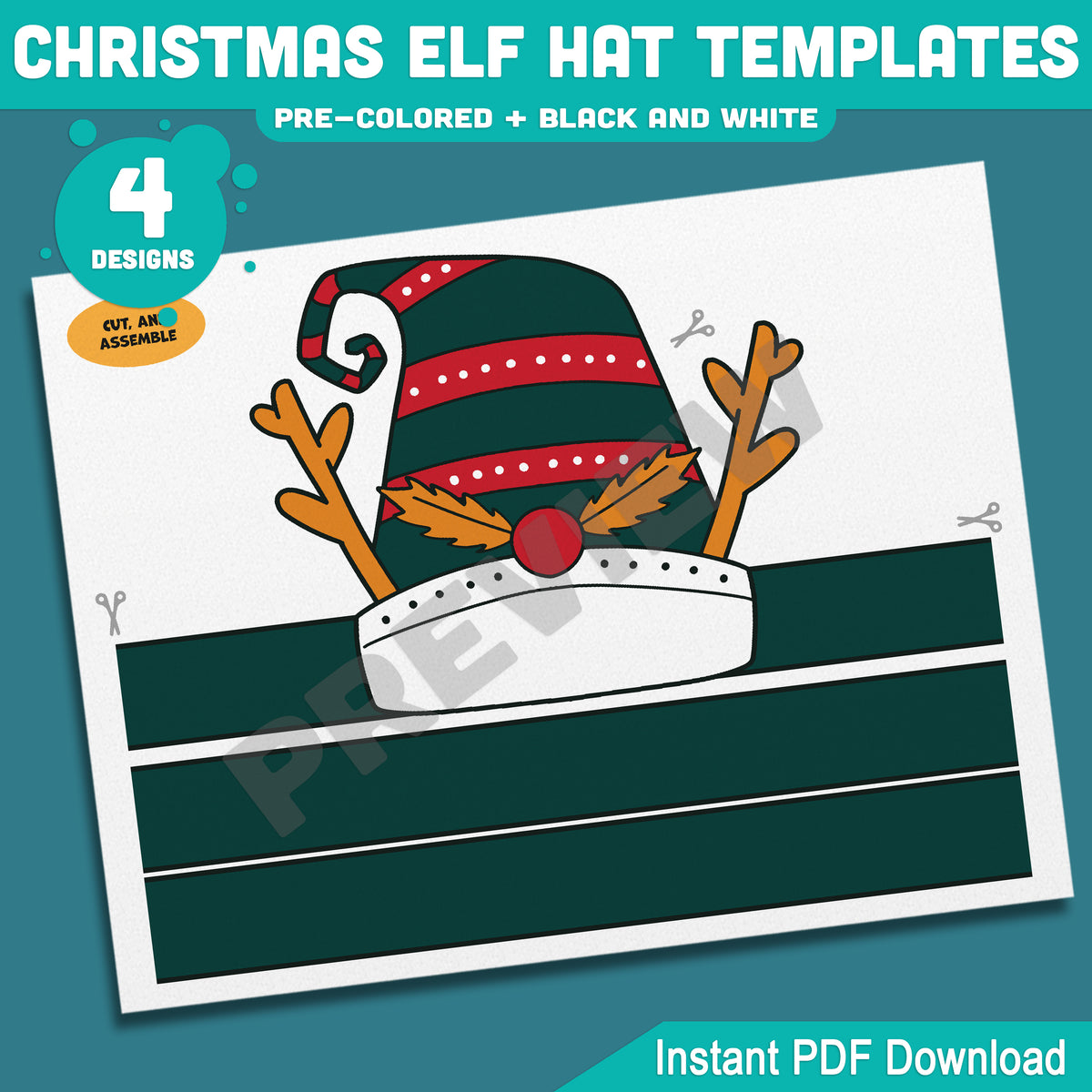 Christmas Elf Hat Templates, Kids Coloring Activity, Cut and Assemble Paper Hats