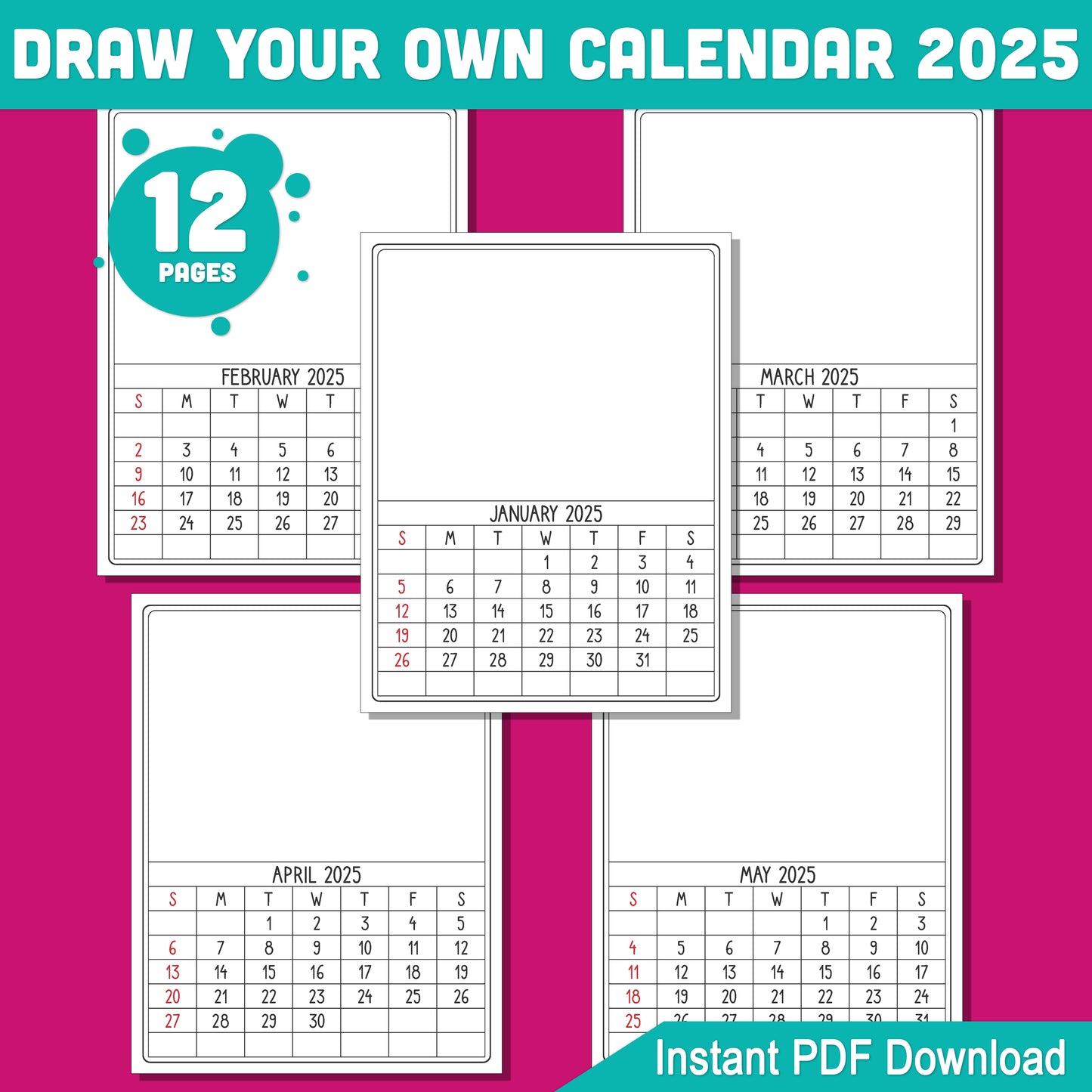 DIY Calendar 2025 for Kids: 12-Month Blank Templates to Personalize with Artwork, 8.5x11 Inches, PDF Instant Download