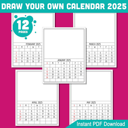 DIY Calendar 2025 for Kids: 12-Month Blank Templates to Personalize with Artwork, 8.5x11 Inches, PDF Instant Download