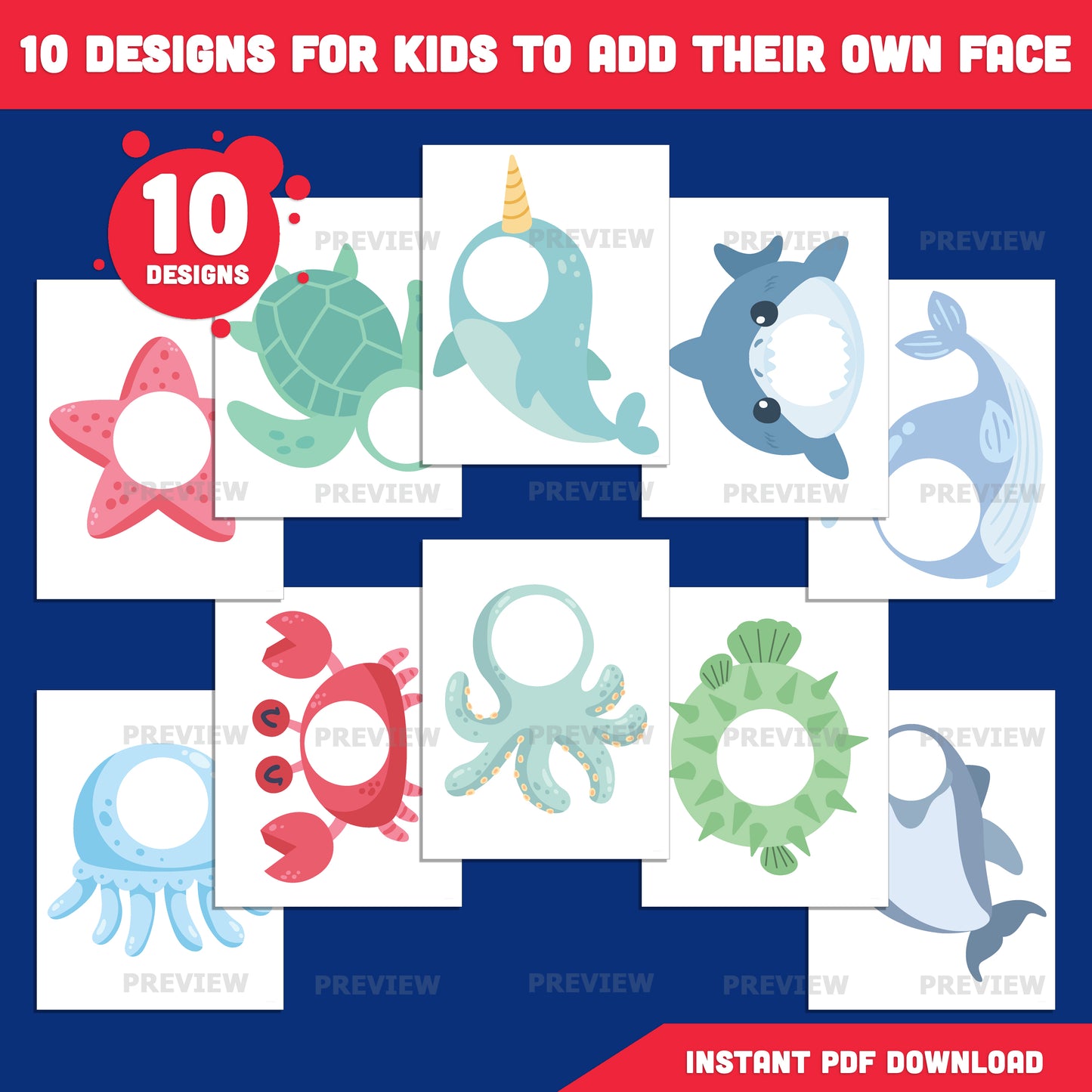 Sea Animal Add Your Own Face Craft, Under the Sea Body Templates, Printable Activity for Kids, 10 Designs, Coloring Included, PDF PNG Files