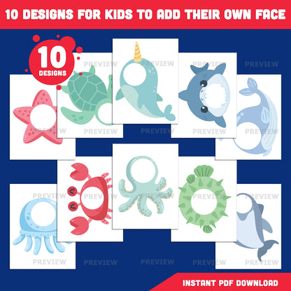 Sea Animal Add Your Own Face Craft, Under the Sea Body Templates, Printable Activity for Kids, 10 Designs, Coloring Included, PDF PNG Files