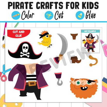 Pirate Crafts for Kids: Color, Cut, and Glue, a Fun Activity for K to 2nd Grade, PDF Instant Download