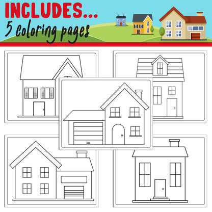 Learn How to Draw a House Easy: Directed Drawing Step by Step Tutorial, Includes 5 Coloring Pages, PDF File, Instant Download.