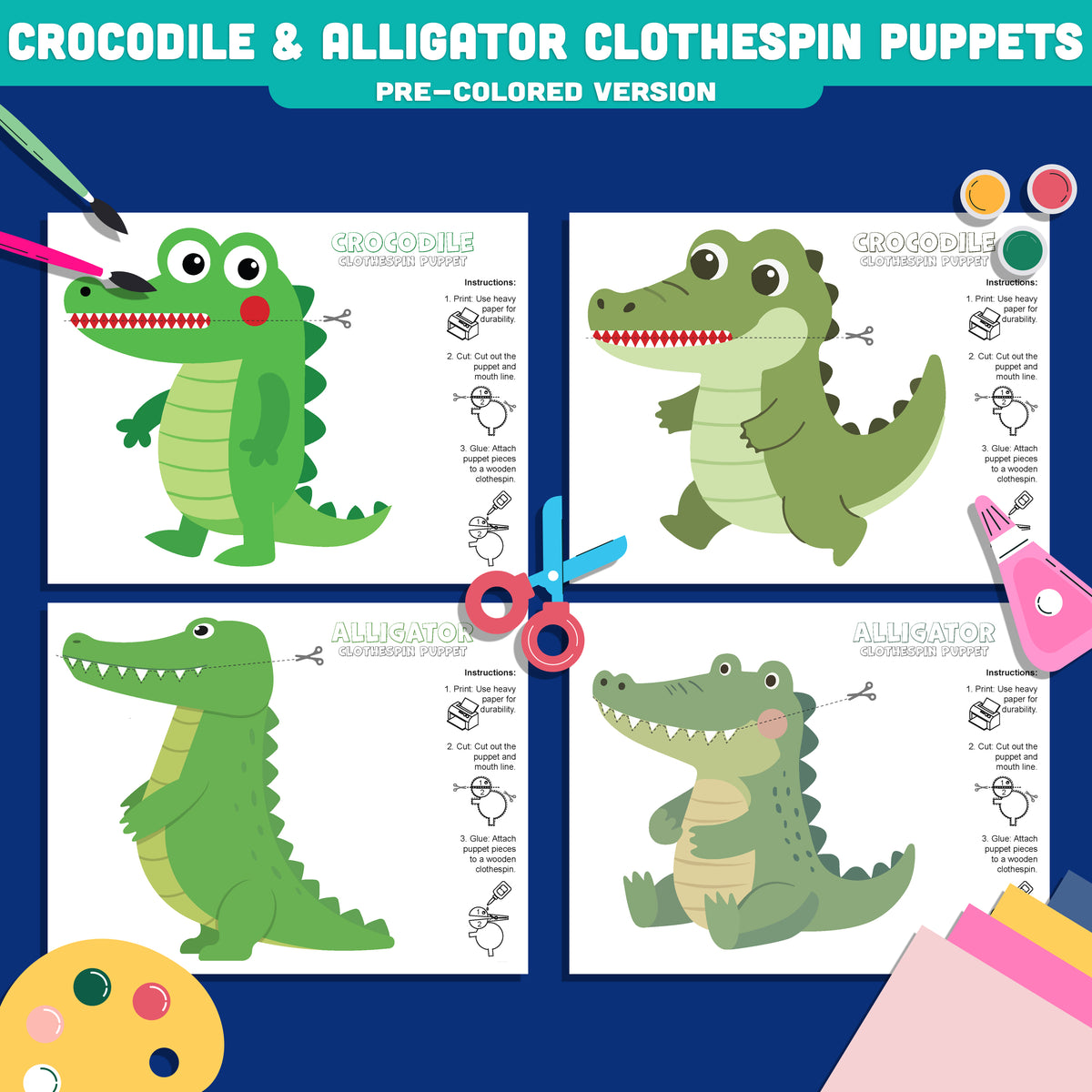 Crocodile and Alligator Clothespin Puppets, Printable Moving Mouth Animal Craft