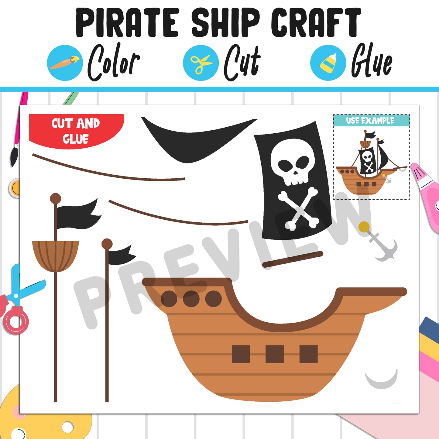 Pirate Ship Craft: Color, Cut, and Glue, a Fun Activity for PreK to 2nd Grade, PDF Instant Download