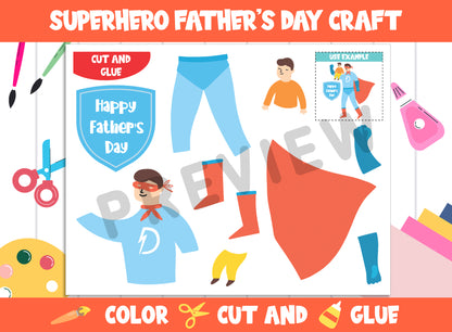 Superhero Father's Day Craft Activity - Color, Cut, and Glue for PreK to 2nd Grade, PDF File, Instant Download