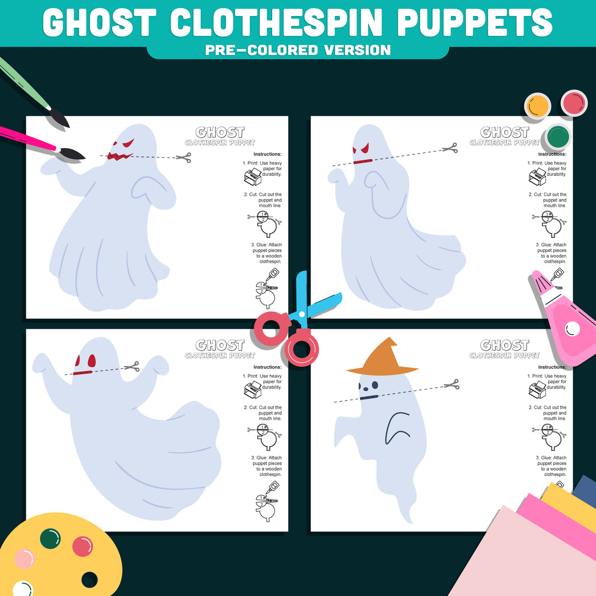 Ghost Clothespin Puppets, Halloween Printable Craft for Kids