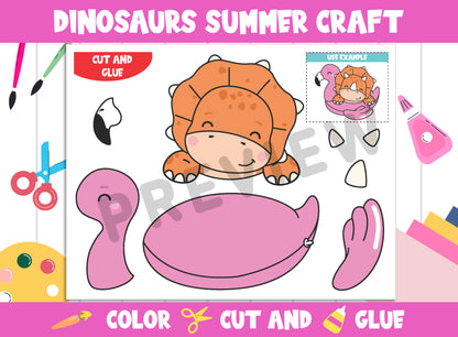 Dinosaurs Summer Craft Activity for Kids : Color, Cut, and Glue for PreK to 2nd Grade, PDF File, Instant Download