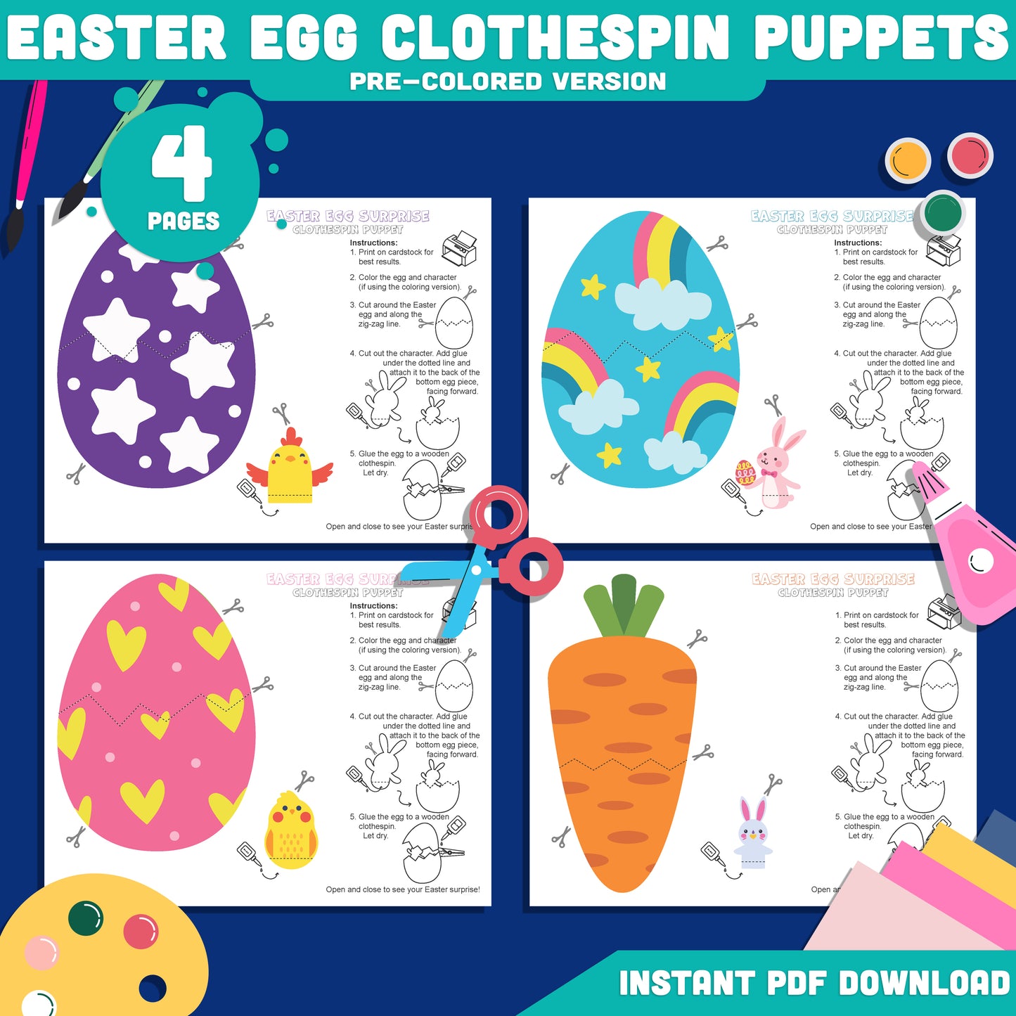DIY Easter Puppet Printable, Easter Egg Surprise Craft Printable with Bunny and Chick, Clothespin Puppet Craft Templates, 4 Designs
