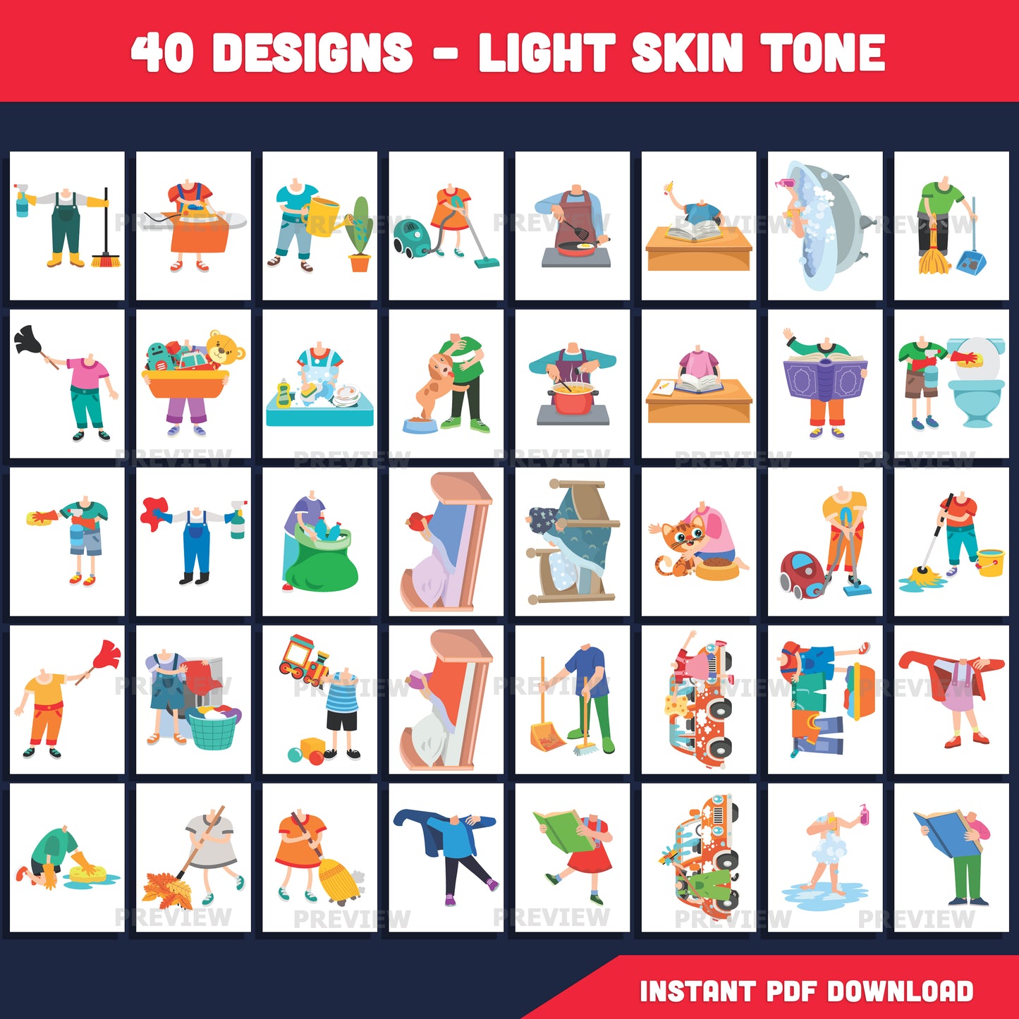 Chores Add Your Own Face Clipart – Kids Daily Routine Body Templates for Classroom & Home, 40 Light + 40 Dark Skin Designs