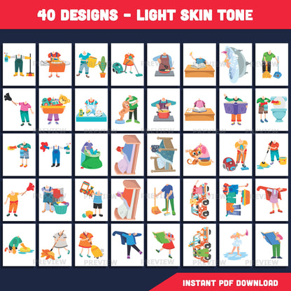 Chores Add Your Own Face Clipart – Kids Daily Routine Body Templates for Classroom & Home, 40 Light + 40 Dark Skin Designs
