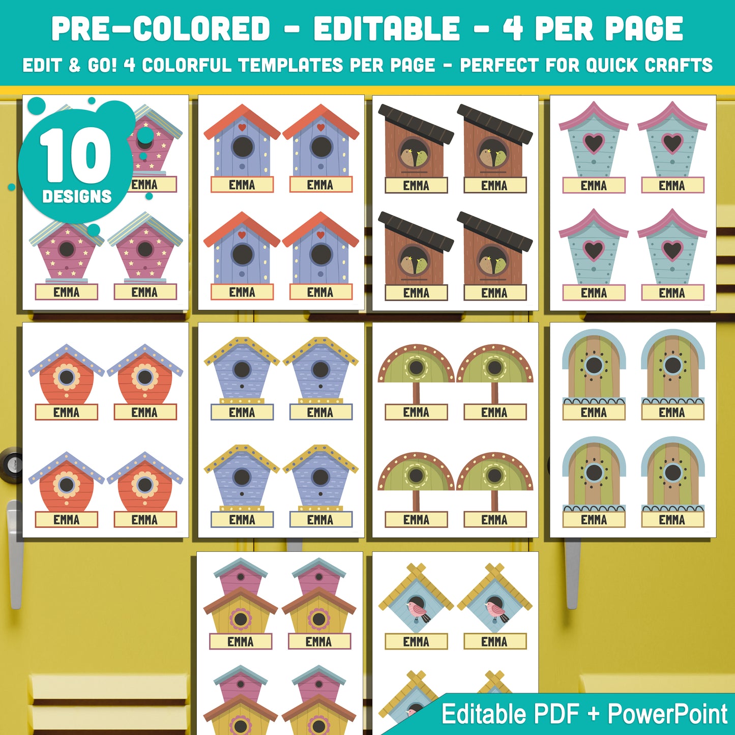 Editable Locker Labels (Cubby Name Tags), Birdhouse Themed, 40 Pages, Pre-Colored + Black & White, PDF + PowerPoint, Instant Download, Back to School Craft