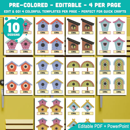 Editable Locker Labels (Cubby Name Tags), Birdhouse Themed, 40 Pages, Pre-Colored + Black & White, PDF + PowerPoint, Instant Download, Back to School Craft