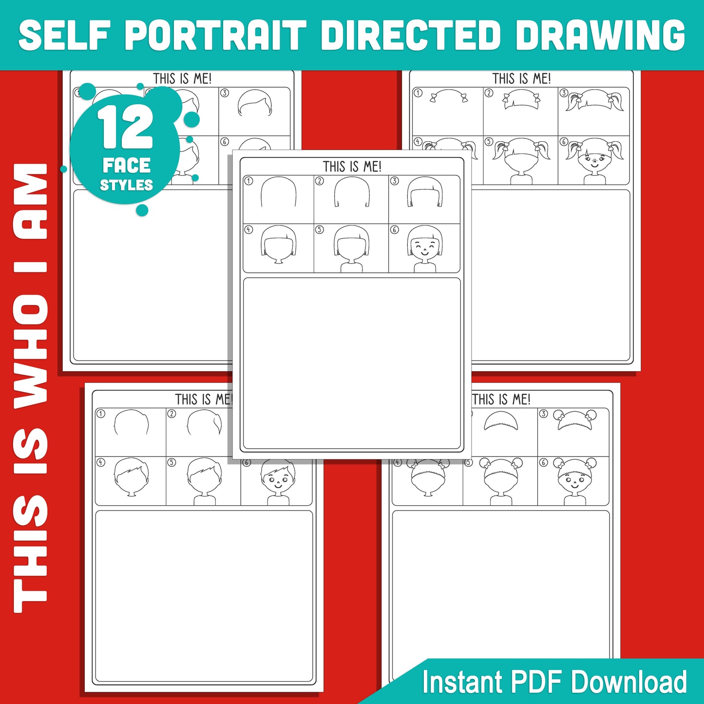 12 Fun Face Styles for Kids’ Self-Portrait Drawing: Step-by-Step Tutorial for School Projects and Art Lessons, PDF File, Instant Download