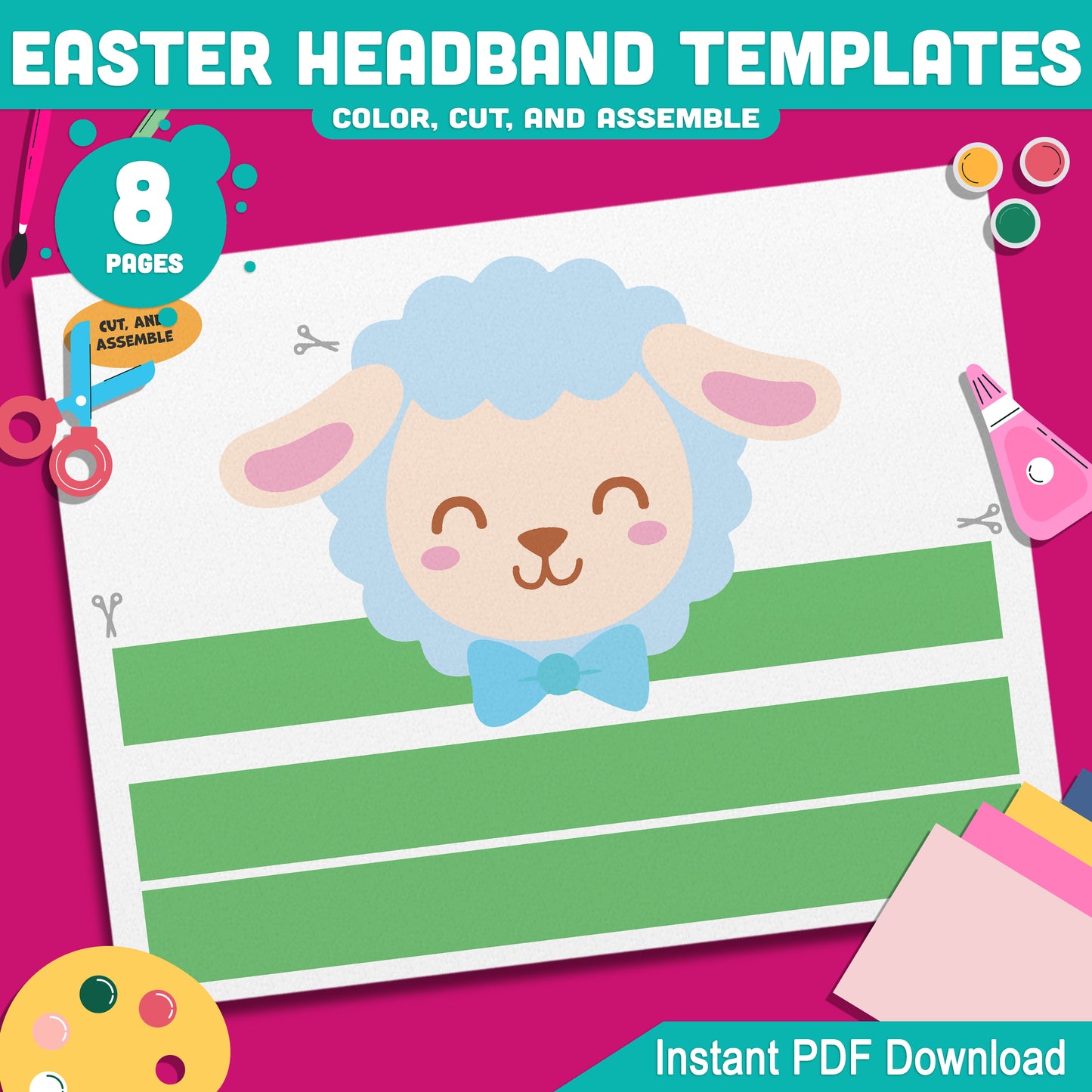 Easter Headband Templates for Kids – Bunny, Chick, Easter Egg & Lamb Wearable Crown Craft, Pre-color + Black & White PDF