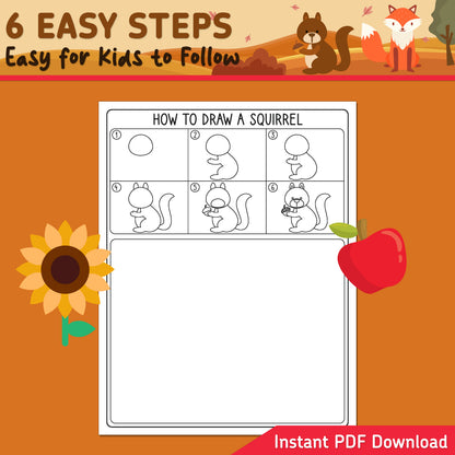Fall Directed Drawing for Kids, Learn to Draw an Apple, Sunflower, Squirrel, Fox & Pinecone, 6-Step Art Activity, 5 Coloring Pages, A4, US Letter