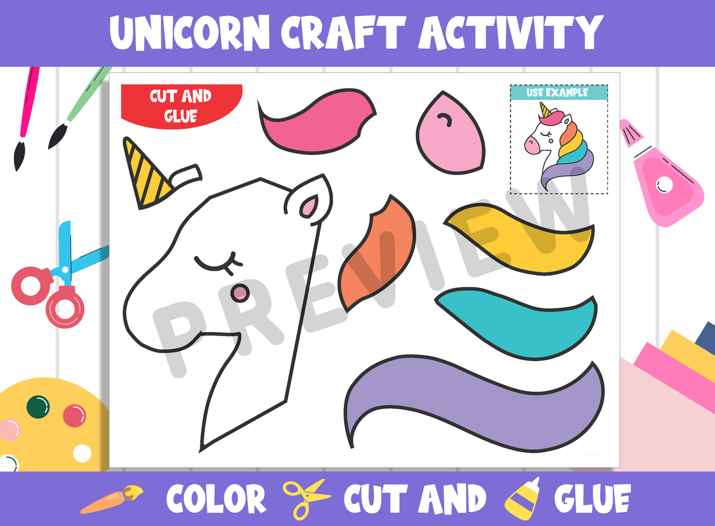 Unicorn Craft Activity : Color, Cut, and Glue for PreK to 2nd Grade, PDF File, Instant Download