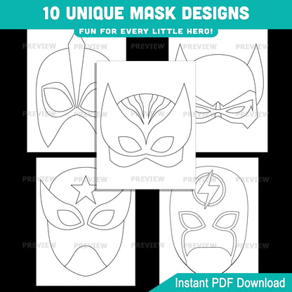 Superhero Mask Coloring Pages, Color Your Own Printable Masks Craft, Printable Coloring and Wear Activity, 10 Fun Designs, PDF, US Letter, A4