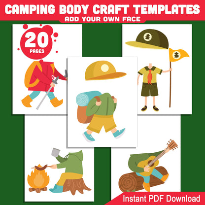 Camping Body Craft Template for Kids with Body Clipart – 40 Page Cut and Paste Activity, Add Your Face, Instant PDF, Dark Skin Tone Included
