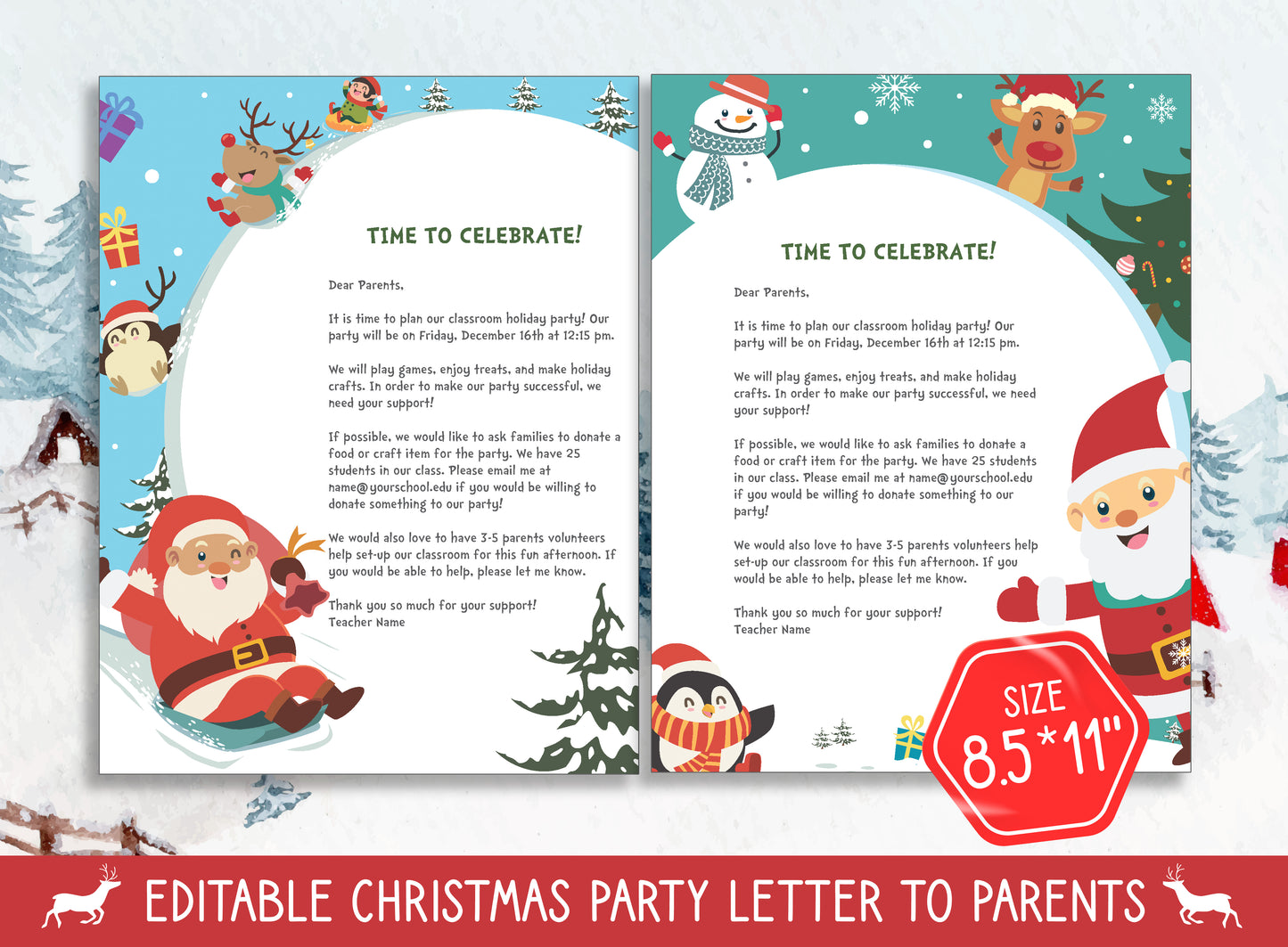 Christmas Letter to Parents Template and Invitations - 2 Designs, 2 Sizes (8.5"x11" and 5"x7"), PDF File, Instant Download