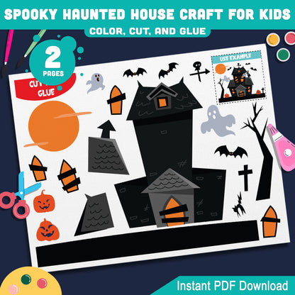 Spooky Haunted House Craft, Easy Halloween Color, Cut & Glue for Preschool, Pre-K, Kindergarten