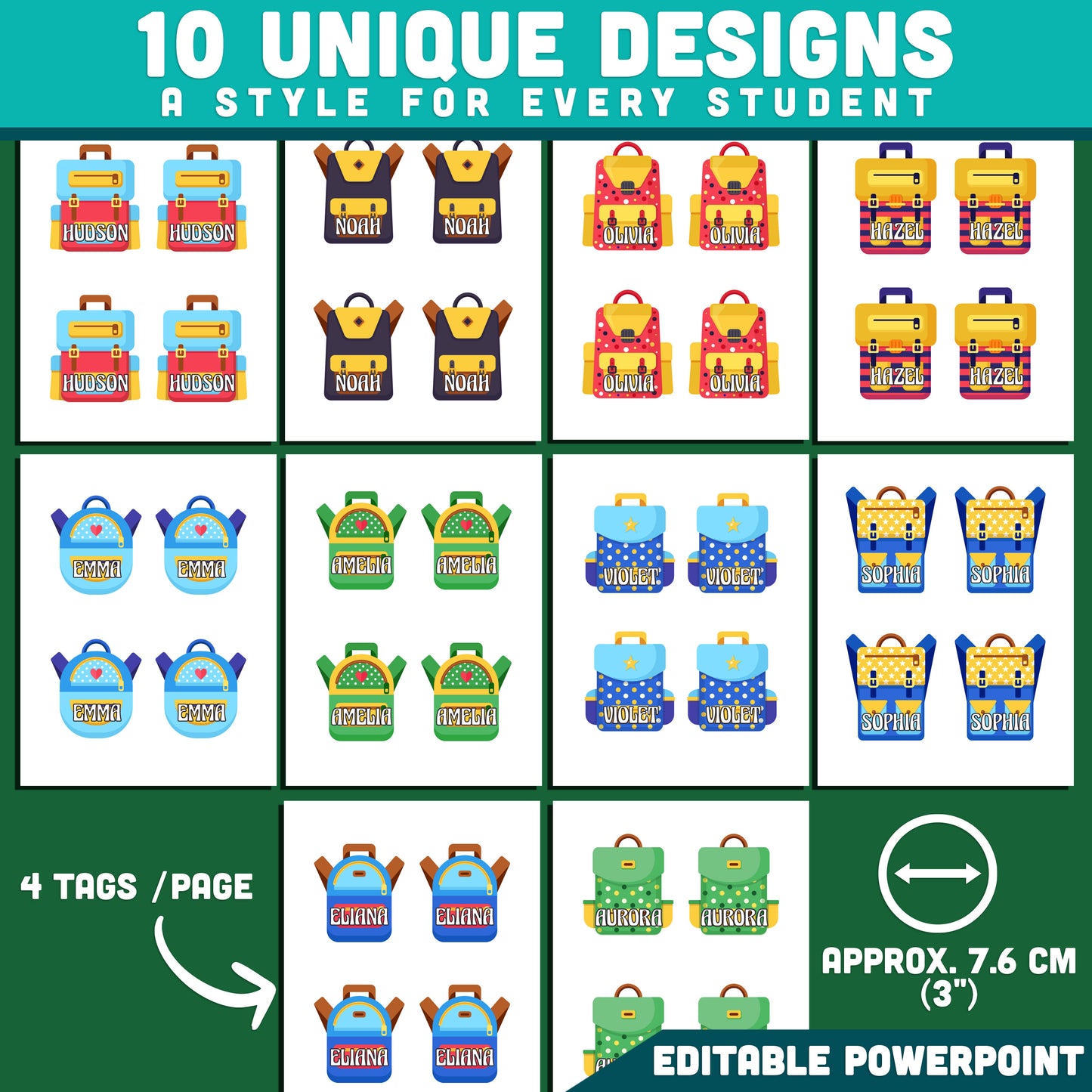 School Backpack Name Tags, Editable Locker & Cubby Labels, Personalized Student Belongings, PowerPoint, 10 Designs, Classroom Setup, US Letter, A4