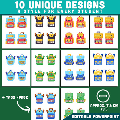 School Backpack Name Tags, Editable Locker & Cubby Labels, Personalized Student Belongings, PowerPoint, 10 Designs, Classroom Setup, US Letter, A4