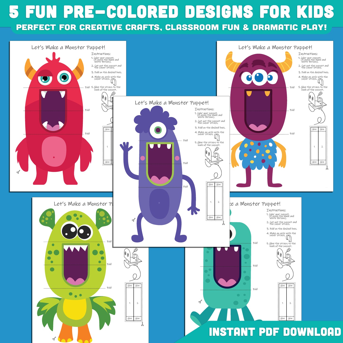 DIY Monster Paper Puppet Craft for Kids: 5 Pre-Colored + 5 Black and White Pages, Fun Halloween Craft for Classrooms, Parties & Home, Instant PDF