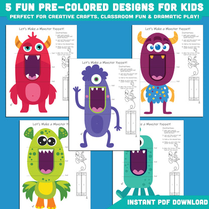 DIY Monster Paper Puppet Craft for Kids: 5 Pre-Colored + 5 Black and White Pages, Fun Halloween Craft for Classrooms, Parties & Home, Instant PDF