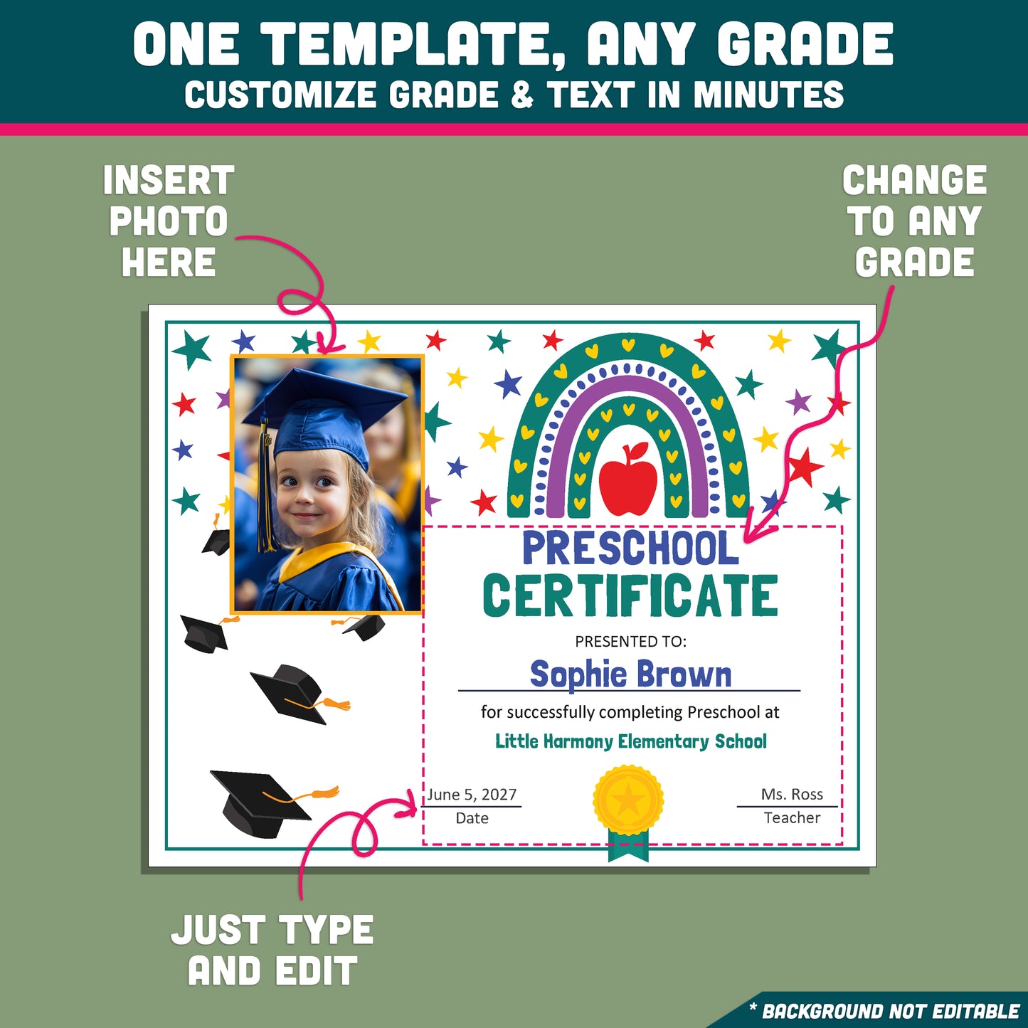Editable Preschool Graduation Certificate, Printable Rainbow and Star Awards, Diploma or Certificate, PDF and PowerPoint, Photo Options