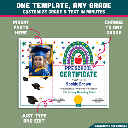 Editable Preschool Graduation Certificate, Printable Rainbow and Star Awards, Diploma or Certificate, PDF and PowerPoint, Photo Options