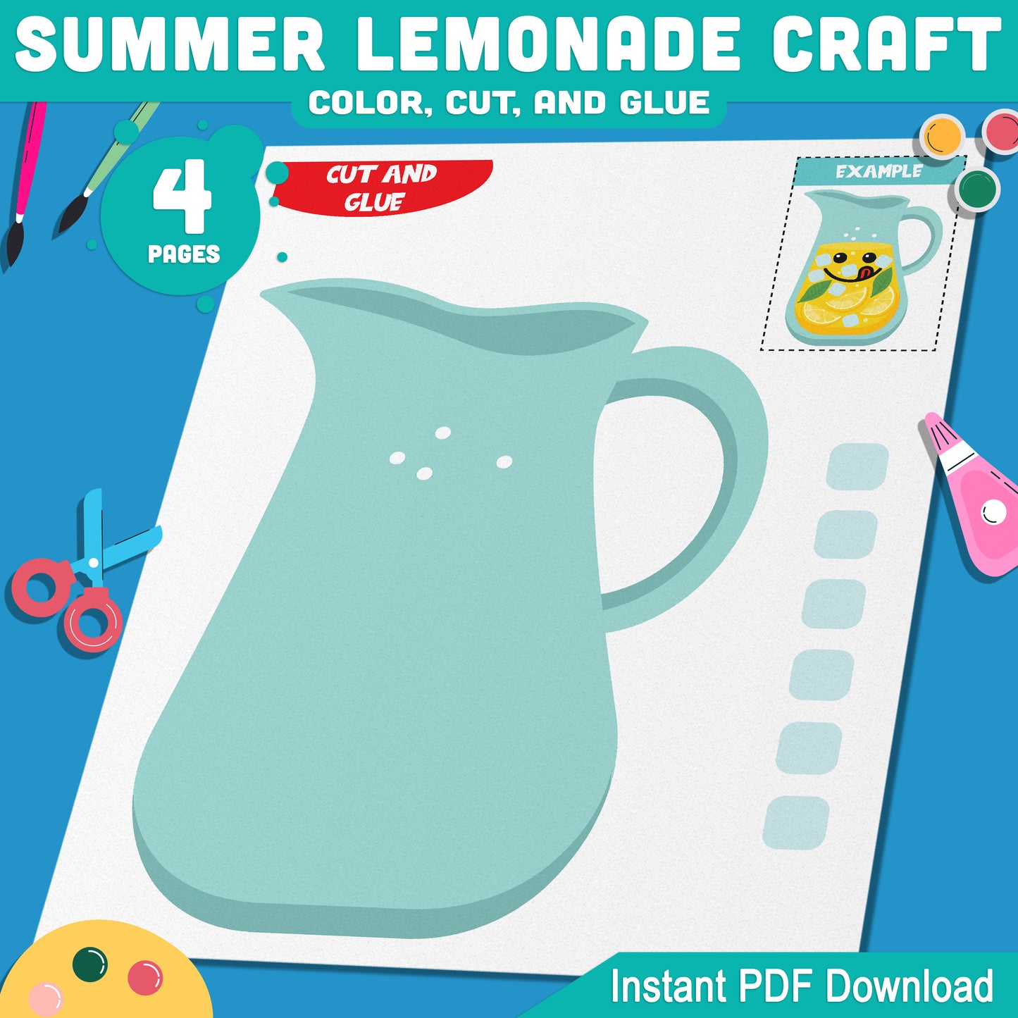 Summer Lemonade Craft, Scissor Skills Printable, Refreshing Drink Creation, Warm Weather Learning Packet, Instant PDF