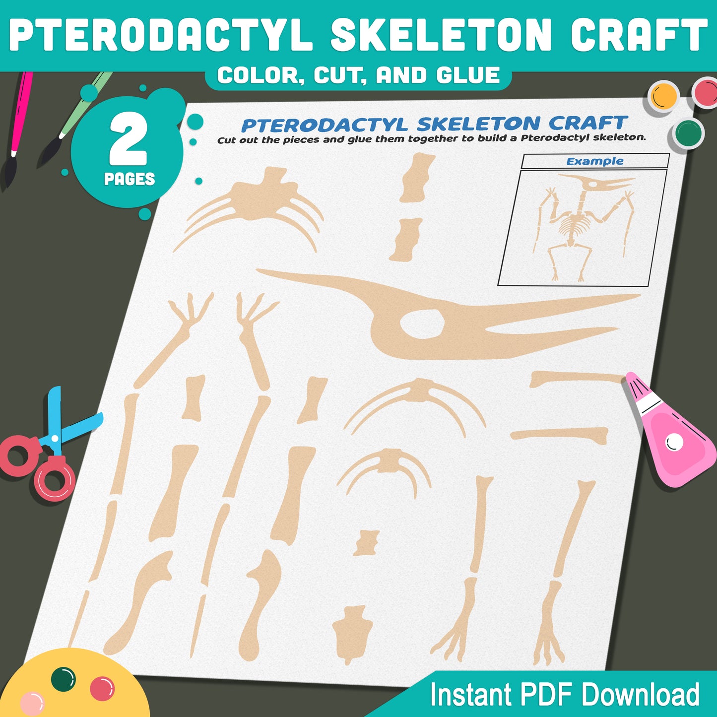 Pterodactyl Skeleton Craft, Dinosaur Color, Cut and Paste Activity, Printable PDF, Pre-Colored, Black and White, US Letter, A4