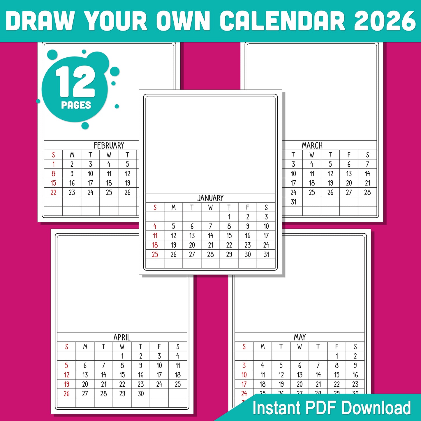 DIY Calendar 2026 for Kids: 12-Month Blank Templates to Personalize with Artwork, 8.5x11 Inches, PDF Instant Download