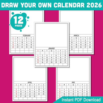 DIY Calendar 2026 for Kids: 12-Month Blank Templates to Personalize with Artwork, 8.5x11 Inches, PDF Instant Download