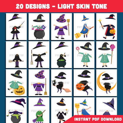 Printable Halloween Witch Body Templates for Kids, 20 Silly & Spooky Designs, Light + Dark Skin Included, DIY Face Cut & Paste Craft