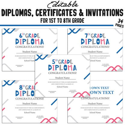 Graduation Diploma for First Graders, 1st-8th Grade Certificates, and Invitation Templates in a Modern Blue Theme, PDF Instant Download.