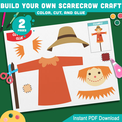 Build Your Own Scarecrow Craft, Autumn Cut and Assemble Activity, Fall Farm Theme Art, Pre-Colored & Black and White, Printable US Letter & A4