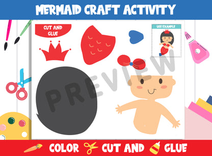 Mermaid Craft Activity : Color, Cut, and Glue for PreK to 2nd Grade, PDF File, Instant Download