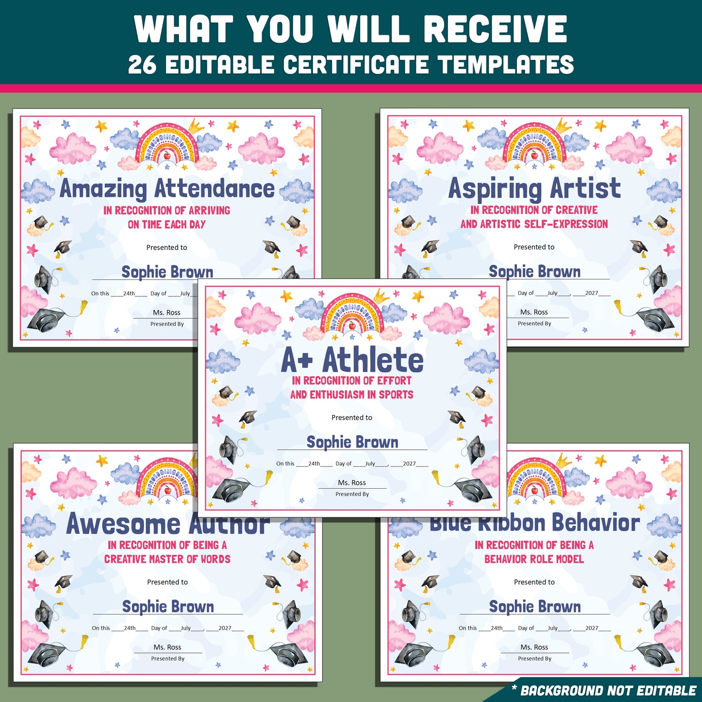 Editable Middle School End-of-Year Class Awards, Printable Student Appreciation Templates, 26 Recognition Designs