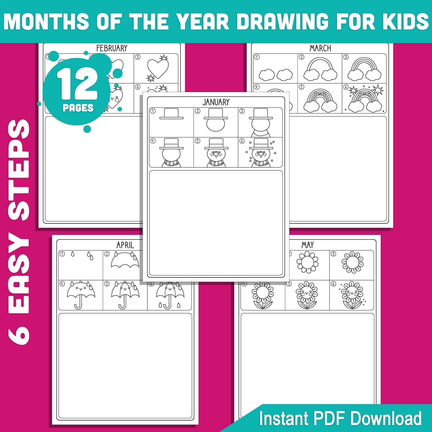 12-Month Step-by-Step Drawing Guides for Kids: Easy How to Draw Tutorials Featuring Monthly Themes, Fun and Creative, PDF Instant Download