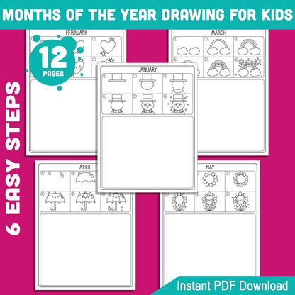 12-Month Step-by-Step Drawing Guides for Kids: Easy How to Draw Tutorials Featuring Monthly Themes, Fun and Creative, PDF Instant Download